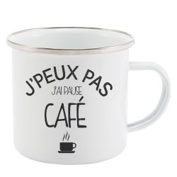 Mug Tasse Rétro en métal émaillé imprimé citation J'peux pas j'ai pause café