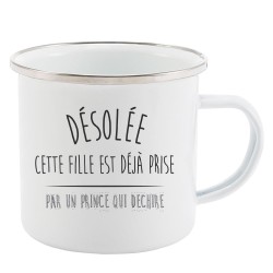 Mug Tasse Rétro en métal émaillé imprimé citation Désolée cette fille est déjà prise