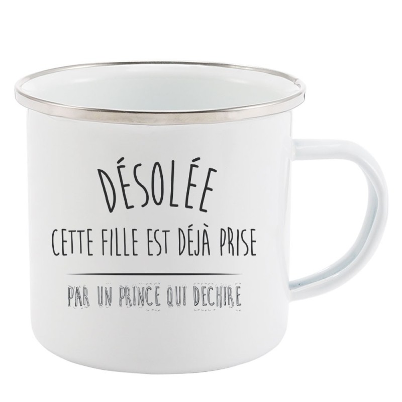 Mug Tasse Rétro en métal émaillé imprimé citation Désolée cette fille est déjà prise