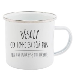 Mug Tasse Rétro en métal émaillé imprimé citation Désolé cet homme est déjà pris par une princesse