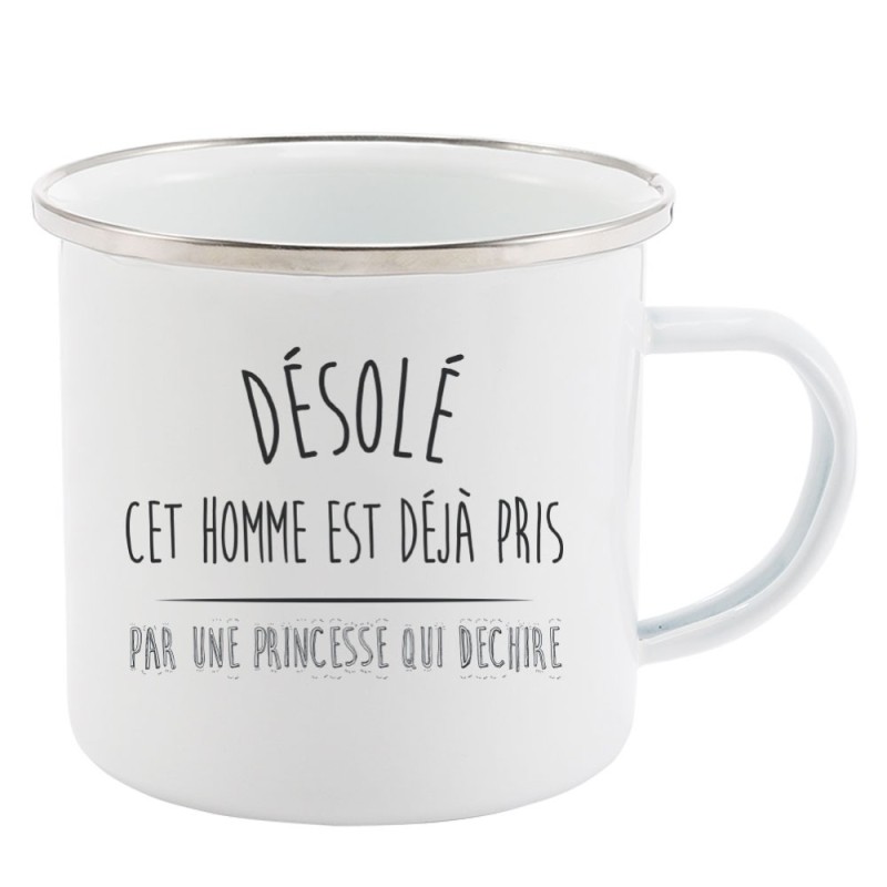 Mug Tasse Rétro en métal émaillé imprimé citation Désolé cet homme est déjà pris par une princesse