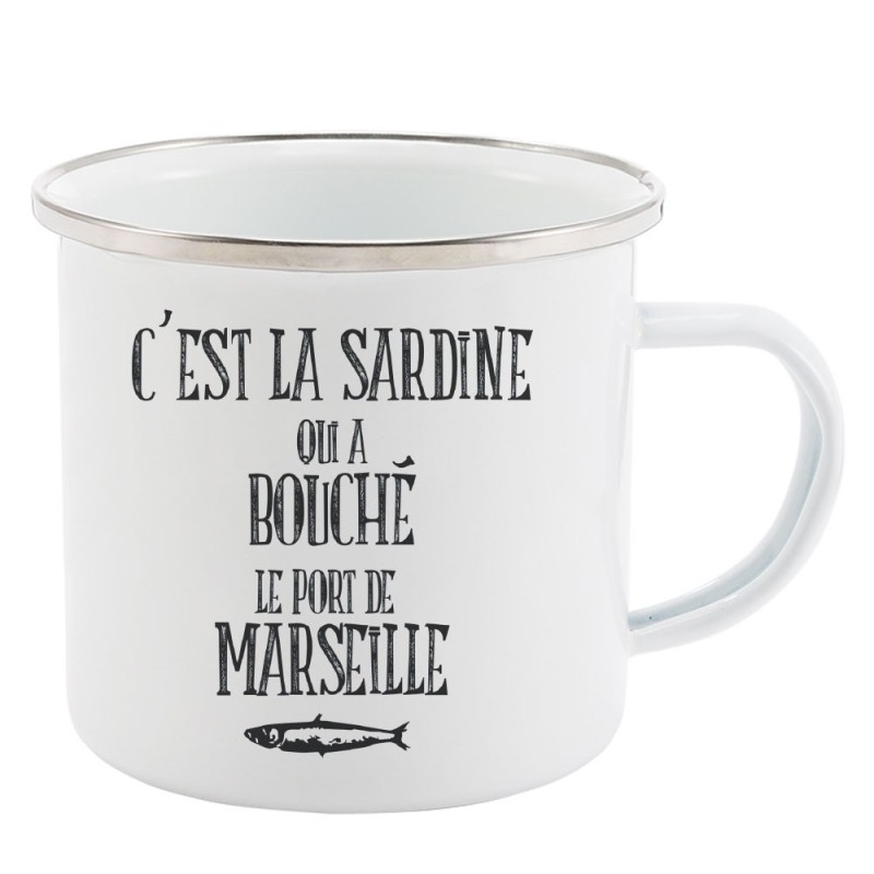 Mug Tasse Rétro en métal émaillé imprimé citation C'est la sardine qui a bouché le port de marseille