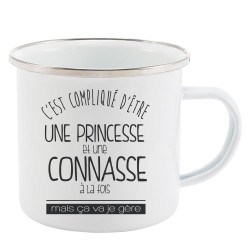 Mug Tasse Rétro en métal émaillé imprimé citation C'est compliqué d'etre une princesse et une connasse a la fois mais ca va je g