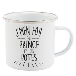Mug Tasse Rétro en métal émaillé imprimé citation J'men fou du prince j'ai des potes
