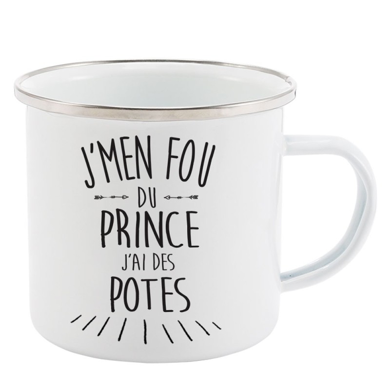 Mug Tasse Rétro en métal émaillé imprimé citation J'men fou du prince j'ai des potes