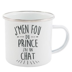 Mug Tasse Rétro en métal émaillé imprimé citation J'men fou du prince j'ai un chat