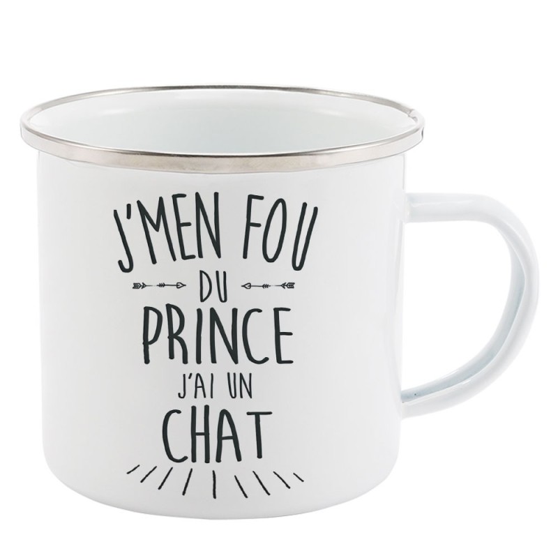 Mug Tasse Rétro en métal émaillé imprimé citation J'men fou du prince j'ai un chat
