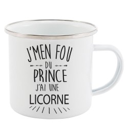 Mug Tasse Rétro en métal émaillé imprimé citation J'men fou du prince j'ai une licorne
