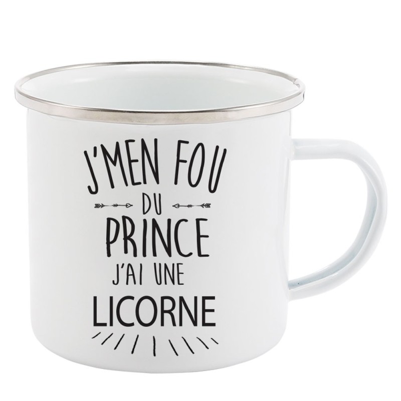 Mug Tasse Rétro en métal émaillé imprimé citation J'men fou du prince j'ai une licorne