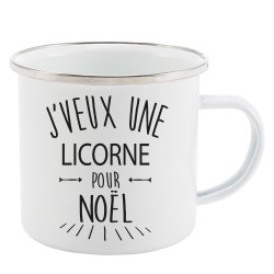 Mug Tasse Rétro en métal émaillé imprimé citation J'veux une licorne pour noel