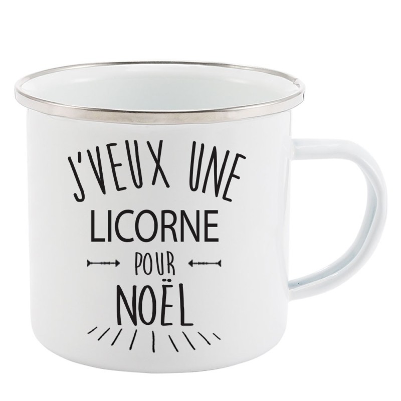 Mug Tasse Rétro en métal émaillé imprimé citation J'veux une licorne pour noel