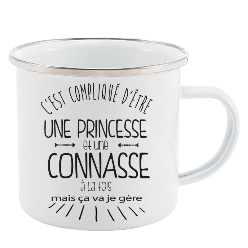 Mug Tasse Rétro en métal émaillé imprimé citation C'est compliqué d'etre une princesse et une connasse a la fois