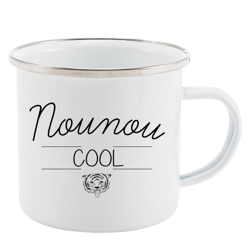 Mug Tasse Rétro en métal émaillé imprimé citation Nounou cool