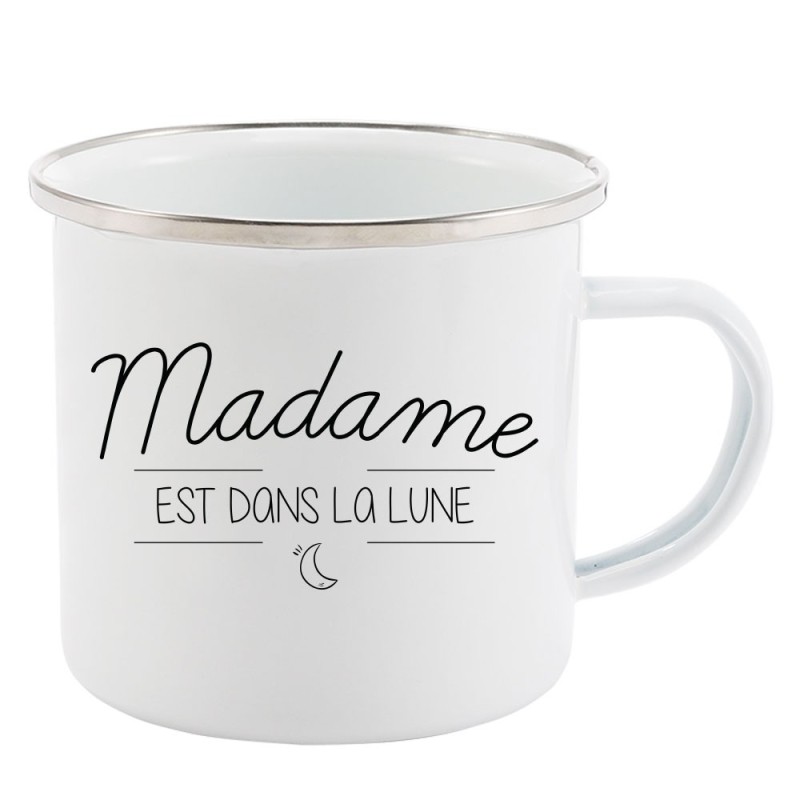 Mug Tasse Rétro en métal émaillé imprimé citation Madame est dans la lune