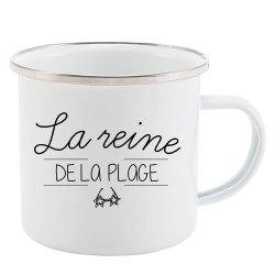 Mug Tasse Rétro en métal émaillé imprimé citation La reine de la plage