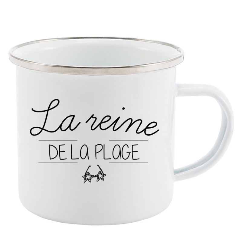 Mug Tasse Rétro en métal émaillé imprimé citation La reine de la plage
