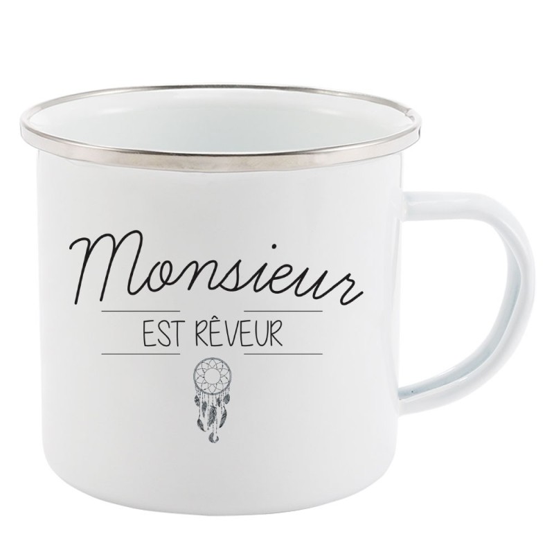 Mug Tasse Rétro en métal émaillé imprimé citation Monsieur est rêveur