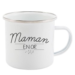 Mug Tasse Rétro en métal émaillé imprimé citation Maman en or