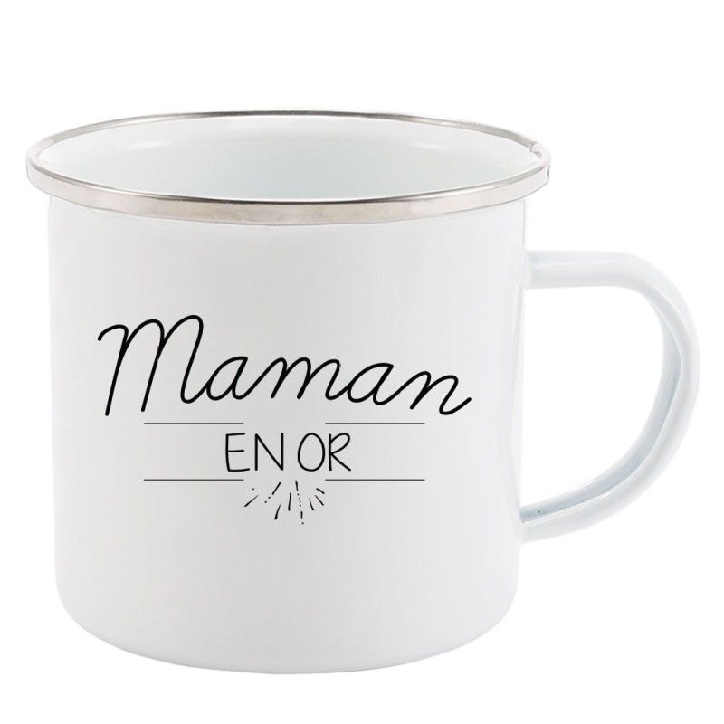 Mug Tasse Rétro en métal émaillé imprimé citation Maman en or