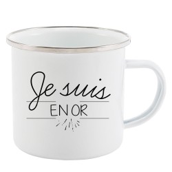 Mug Tasse Rétro en métal émaillé imprimé citation Je suis en or
