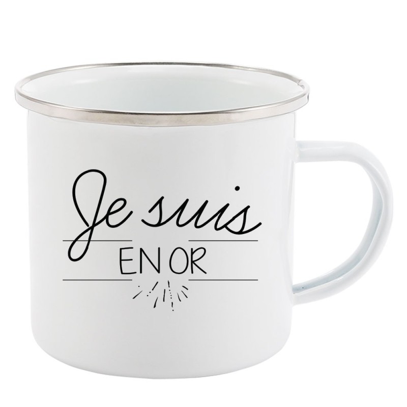 Mug Tasse Rétro en métal émaillé imprimé citation Je suis en or