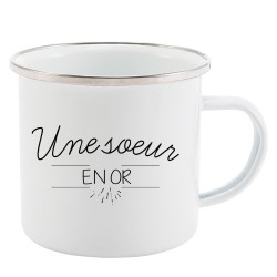 Mug Tasse Rétro en métal émaillé imprimé citation Une soeur en or