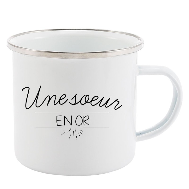 Mug Tasse Rétro en métal émaillé imprimé citation Une soeur en or
