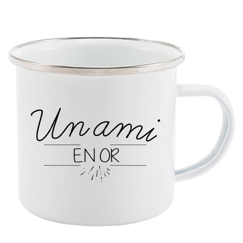 Mug Tasse Rétro en métal émaillé imprimé citation Un ami en or
