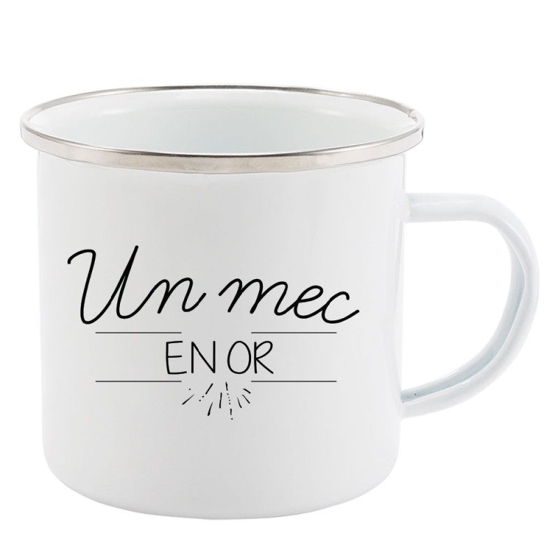 Mug Tasse Rétro en métal émaillé imprimé citation Un mec en or