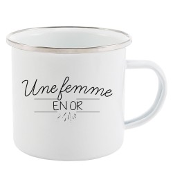 Mug Tasse Rétro en métal émaillé imprimé citation Une femme en or