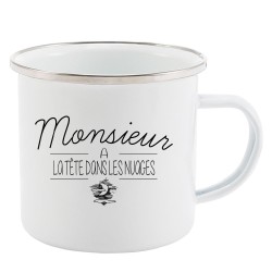 Mug Tasse Rétro en métal émaillé imprimé citation Monsieur a la tete dans les nuages