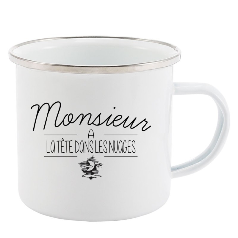 Mug Tasse Rétro en métal émaillé imprimé citation Monsieur a la tete dans les nuages