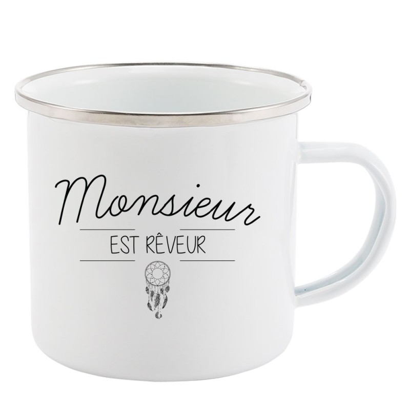 Mug Tasse Rétro en métal émaillé imprimé citation Monsieur est rêveur