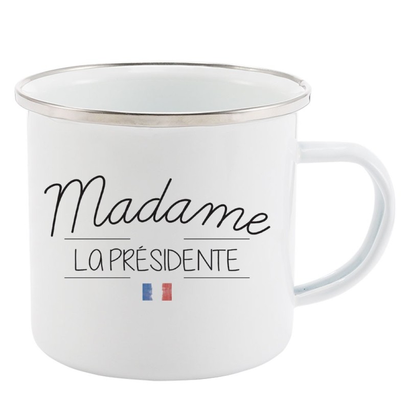 Mug Tasse Rétro en métal émaillé imprimé citation Madame la présidente
