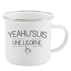 Mug Tasse Rétro en métal émaillé imprimé citation Yeah j'suis une licorne