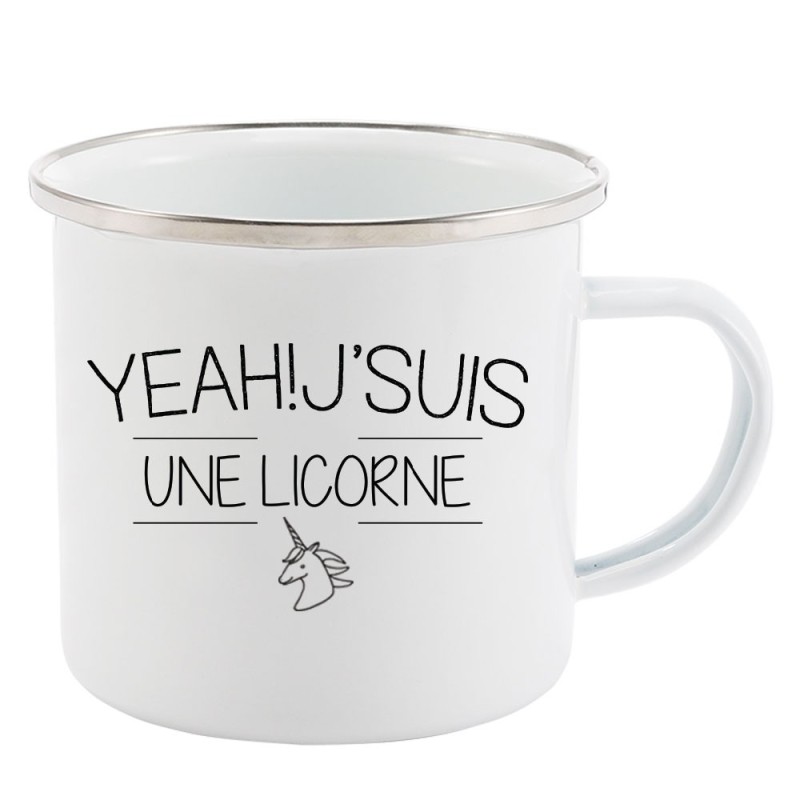 Mug Tasse Rétro en métal émaillé imprimé citation Yeah j'suis une licorne