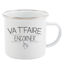 Mug Tasse Rétro en métal émaillé imprimé citation Va t faire encorner