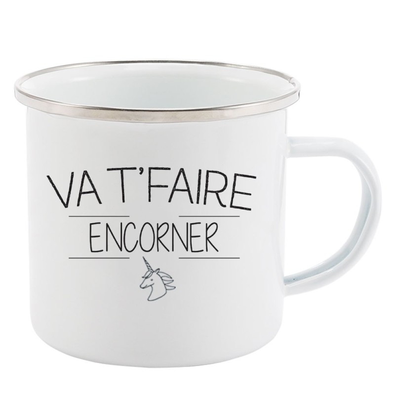 Mug Tasse Rétro en métal émaillé imprimé citation Va t faire encorner