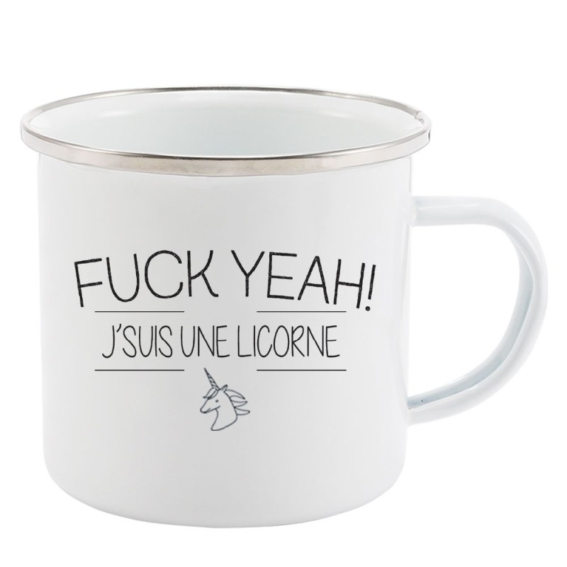 Mug Tasse Rétro en métal émaillé imprimé citation Yeah j'suis une licorne