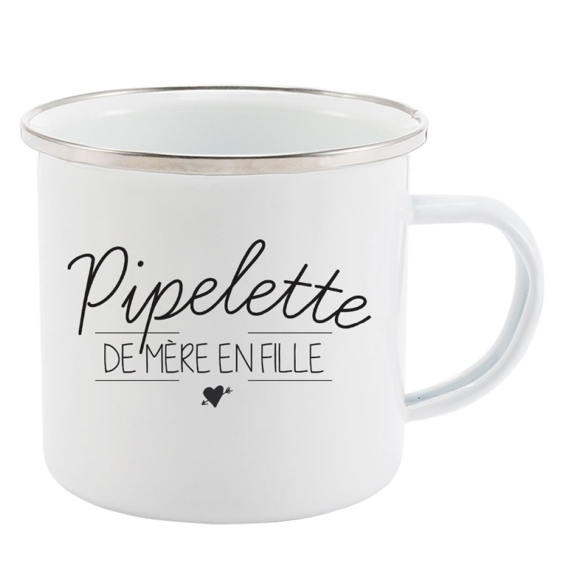 Mug Tasse Rétro en métal émaillé imprimé citation Pipelette de mere en fille
