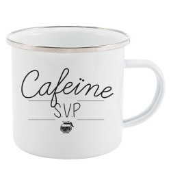 Mug Tasse Rétro en métal émaillé imprimé citation Cafeine svp
