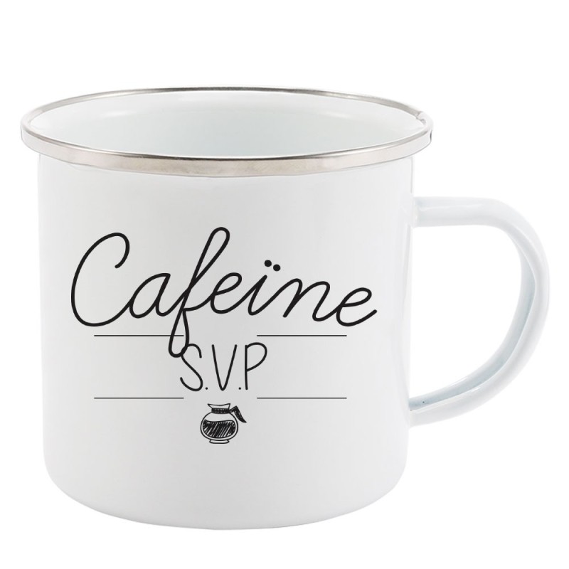 Mug Tasse Rétro en métal émaillé imprimé citation Cafeine svp