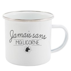 Mug Tasse Rétro en métal émaillé imprimé citation Jamais sans ma licorne