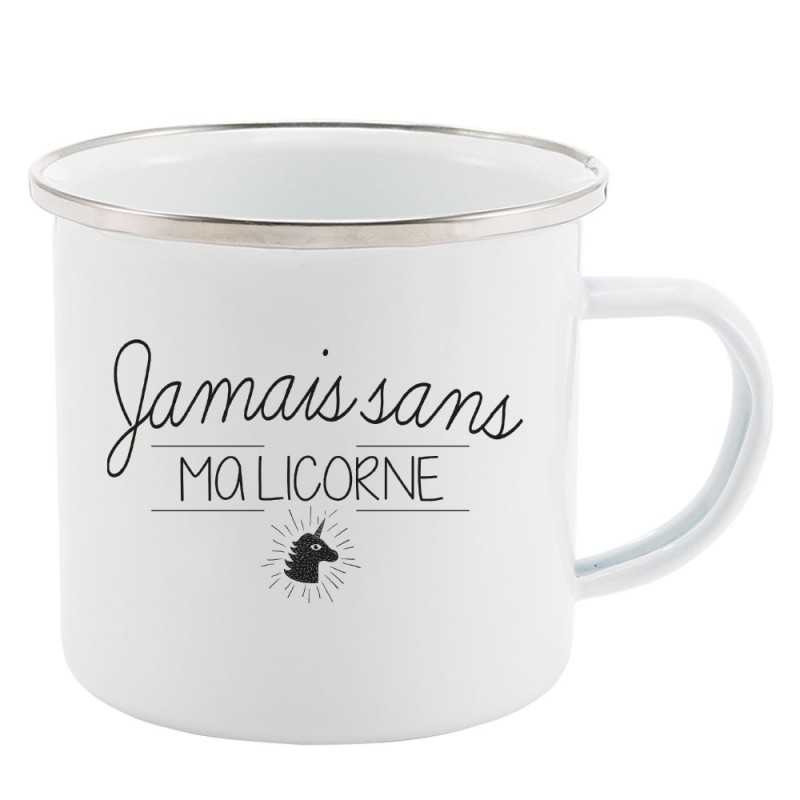 Mug Tasse Rétro en métal émaillé imprimé citation Jamais sans ma licorne