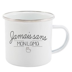 Mug Tasse Rétro en métal émaillé imprimé citation Jamais sans mon lama