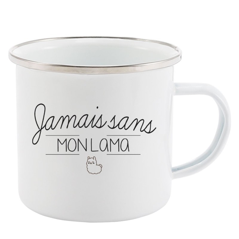 Mug Tasse Rétro en métal émaillé imprimé citation Jamais sans mon lama