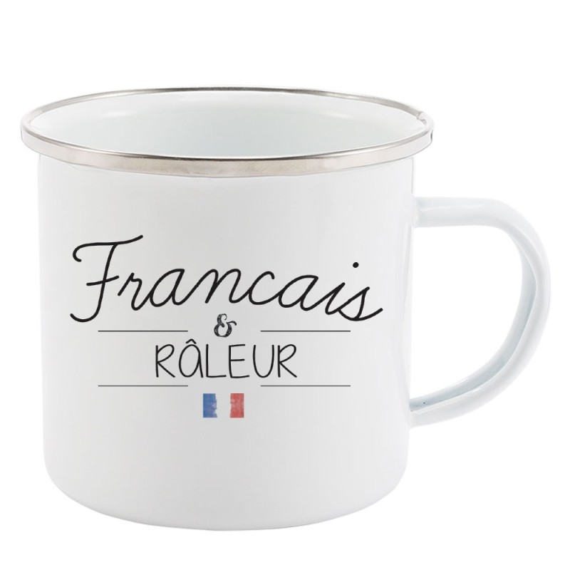 Mug Tasse Rétro en métal émaillé imprimé citation Français et raleur