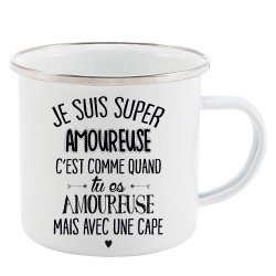 Mug Tasse Rétro en métal émaillé imprimé citation  je suis super amoureuse je dis juste...