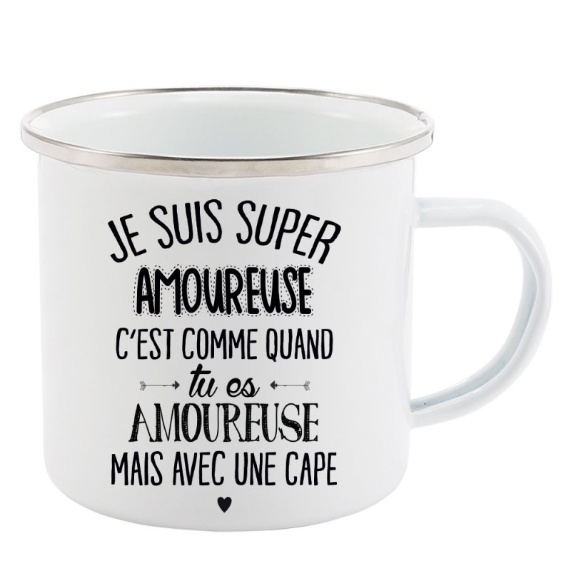 Mug Tasse Rétro en métal émaillé imprimé citation  je suis super amoureuse je dis juste...
