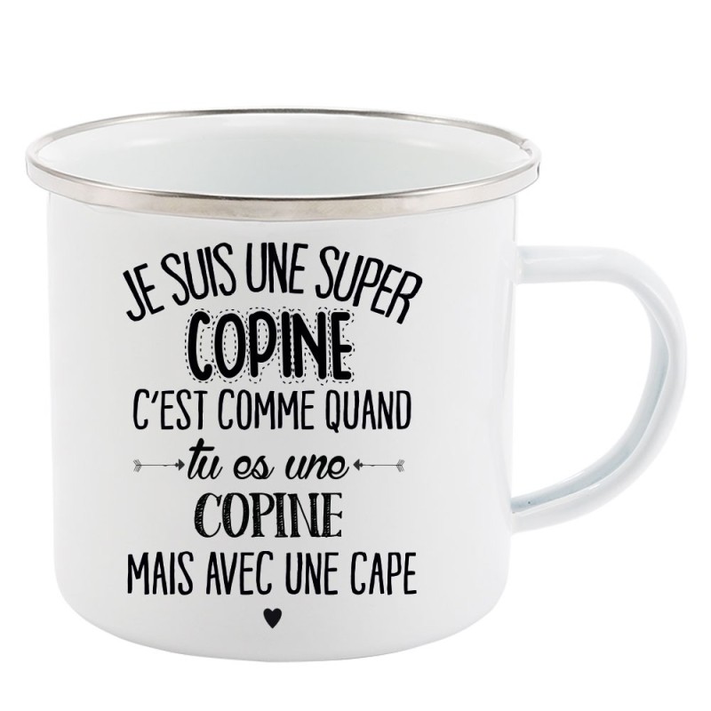 Mug Tasse Rétro en métal émaillé imprimé citation  je suis super une copine avec une cape